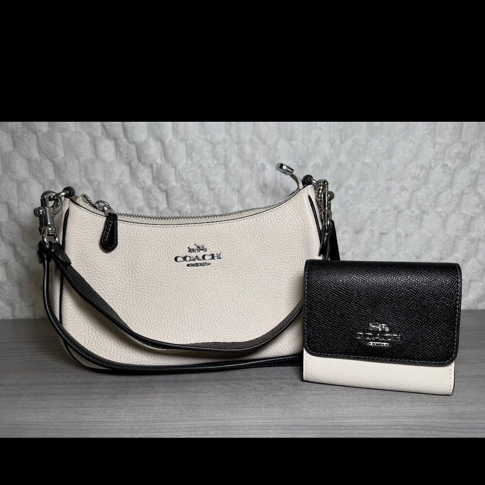 Coach Teri Shoulder Bag Purse and Matching Small Trifold Wallet - White (Chalk)